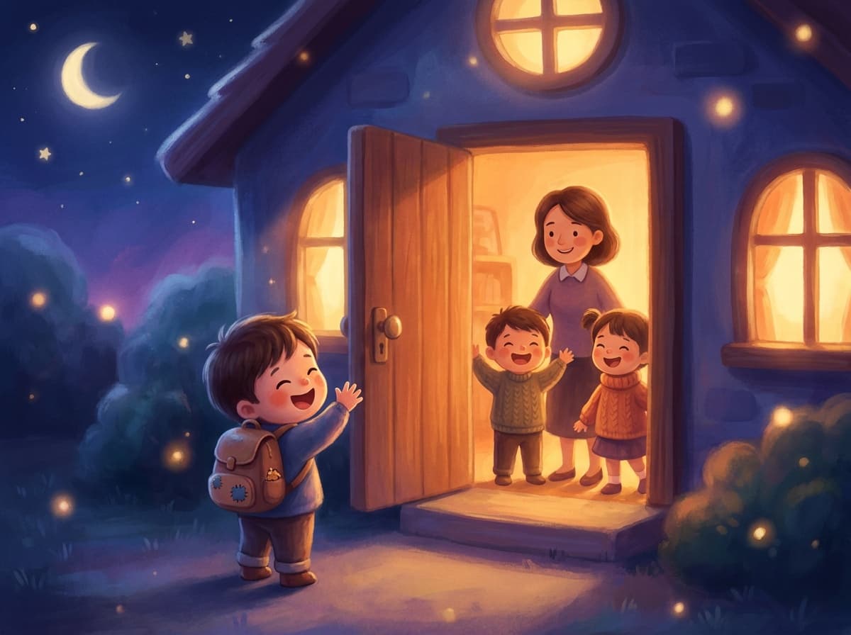 Малыш с рюкзачком радостно машет у дверей уютного детского сада